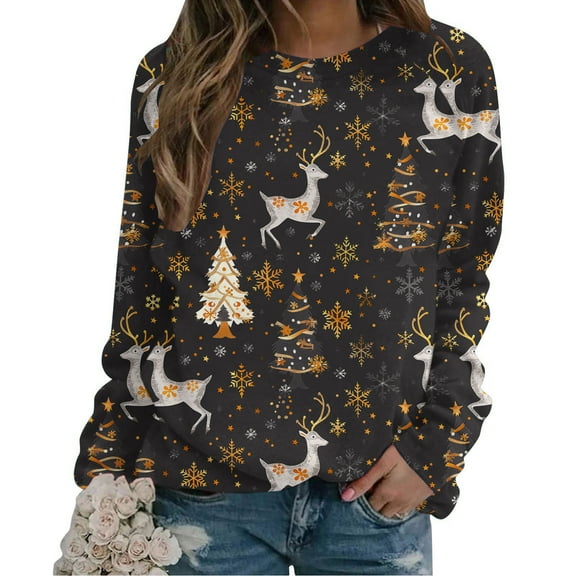 CFLVAEK Plus Size Christmas Sweatshirts for Women Trendy Christmas Elk Graphic Pullover Tops Casual Round Neck Fall Shirts 2025 XL