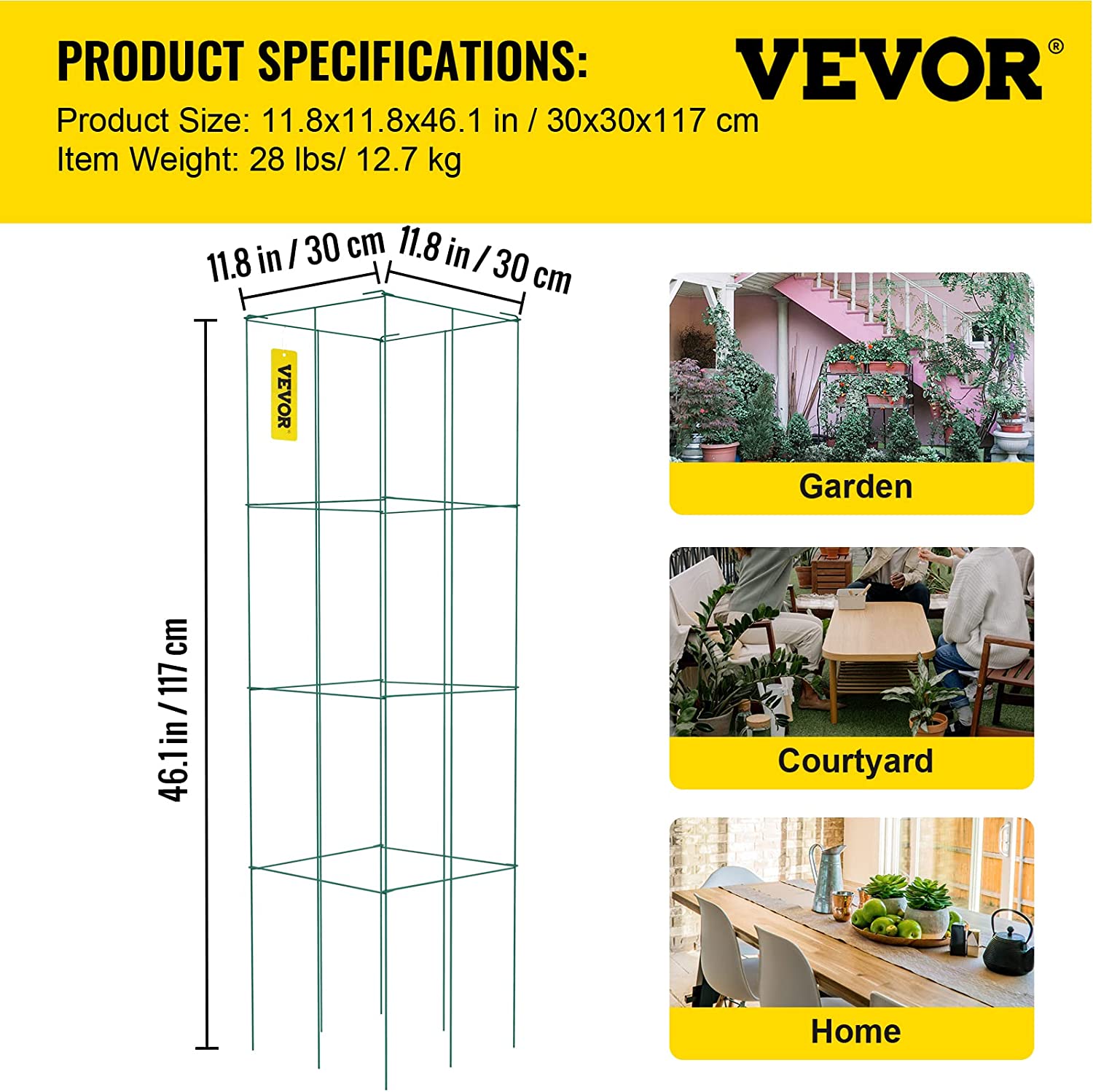 WBTER Tomato Cages, 11.8" x 11.8" x 46.1", 10 Packs Square Plant Support Cages, Green PVC-Coated Steel Tomato Towers for Climbing Vegetables, Plants, Flowers, Fruits