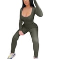 thumbnail image 2 of Mialoley Women's Spring Autumn Long Jumpsuit Solid Color Long Sleeve U Neck Slim Bodysuit, 2 of 8