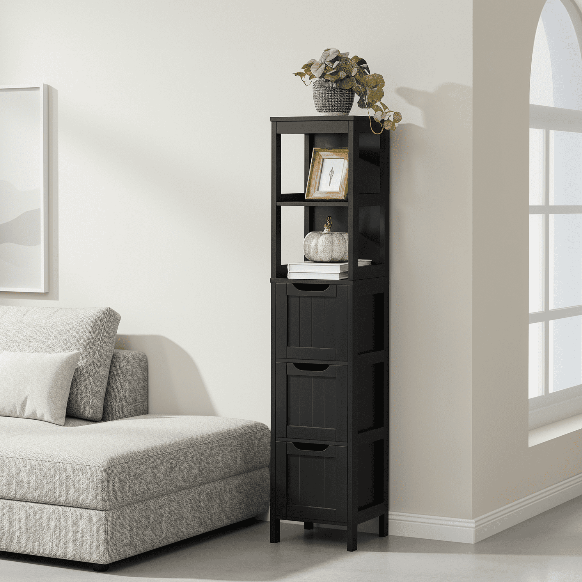 Alden Design 56″ H Bathroom Storage Cabinet with 3 Drawers, Black