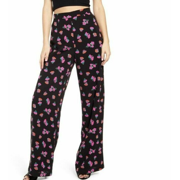 Wayf Women's Wide Leg Pants Lined Elastic Waist Flowy Black Pink Floral Size M