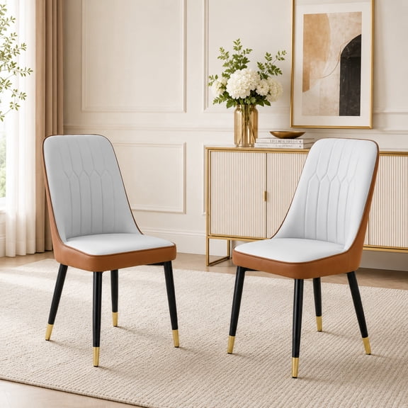 TesNus Dining Chairs 35 inch Two Tone Brown and Light Gray Faux Leather Black Metal Legs Set of 2 Kitchen Dining Room