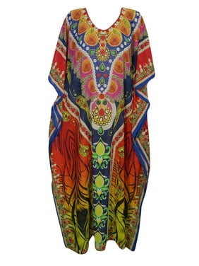 Mogul Womens Kimono Style Maxi Caftan Georgette Evening Dress JEWEL PRINT Beachwear Loose Cover Up Kaftan ONE SIZE