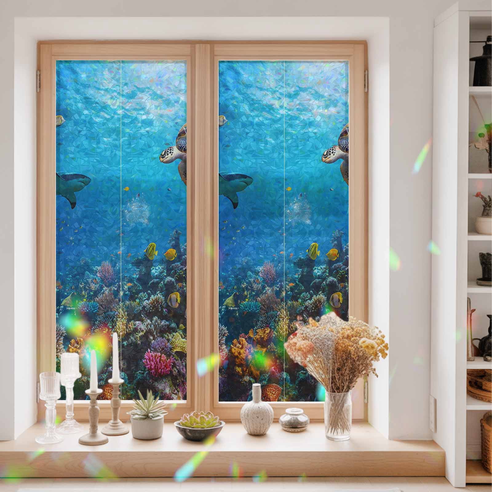 Turtle Window Privacy Film Rainbow Static Cling Stain Glass Window Film for Glass Door, Decorative Sunroof Decal Sticker for Car Bathroom Home 23.6"x59" Blue Ocean Sea Shark Coral Cartoon Fish Summer