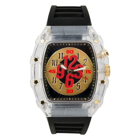 Men’s 44mm Transparent Sports Watch – Tonneau Dial with Oversized Numbers & Silicone Strap for Casual Streetwear Style - Gold Black