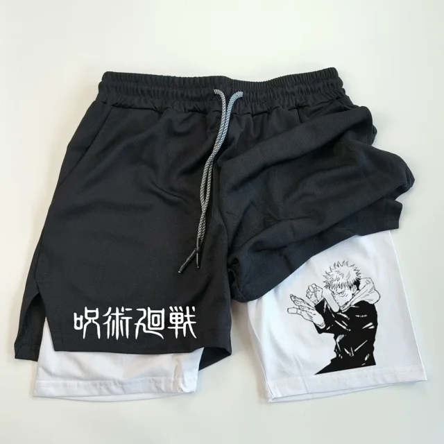 pantalones cortos de compresión 2 en 1 para hombres, pantalones cortos de rendimiento de Anime Jujutsu Kaisen, pantalones cortos de gimnasio deportivos de baloncesto con bolsillos
