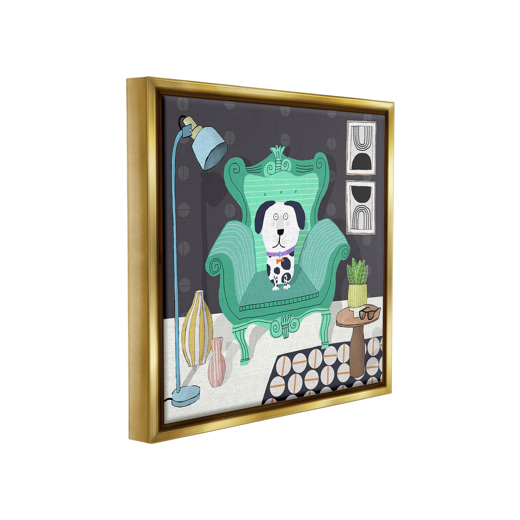 Stupell Industries Dog in Modern Room Animals & Insects Painting Gold Floater Framed Canvas Art Print Wall Art, 18 x 18