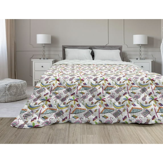 Flamingo Down Alternative Comforter, Watercolor Art Flamingos with Flower Motifs Coconut Tree Leaves Triangles, Microfiber Quilt for All Season, 5 Sizes, Black Pink Cream, by Ambesonne