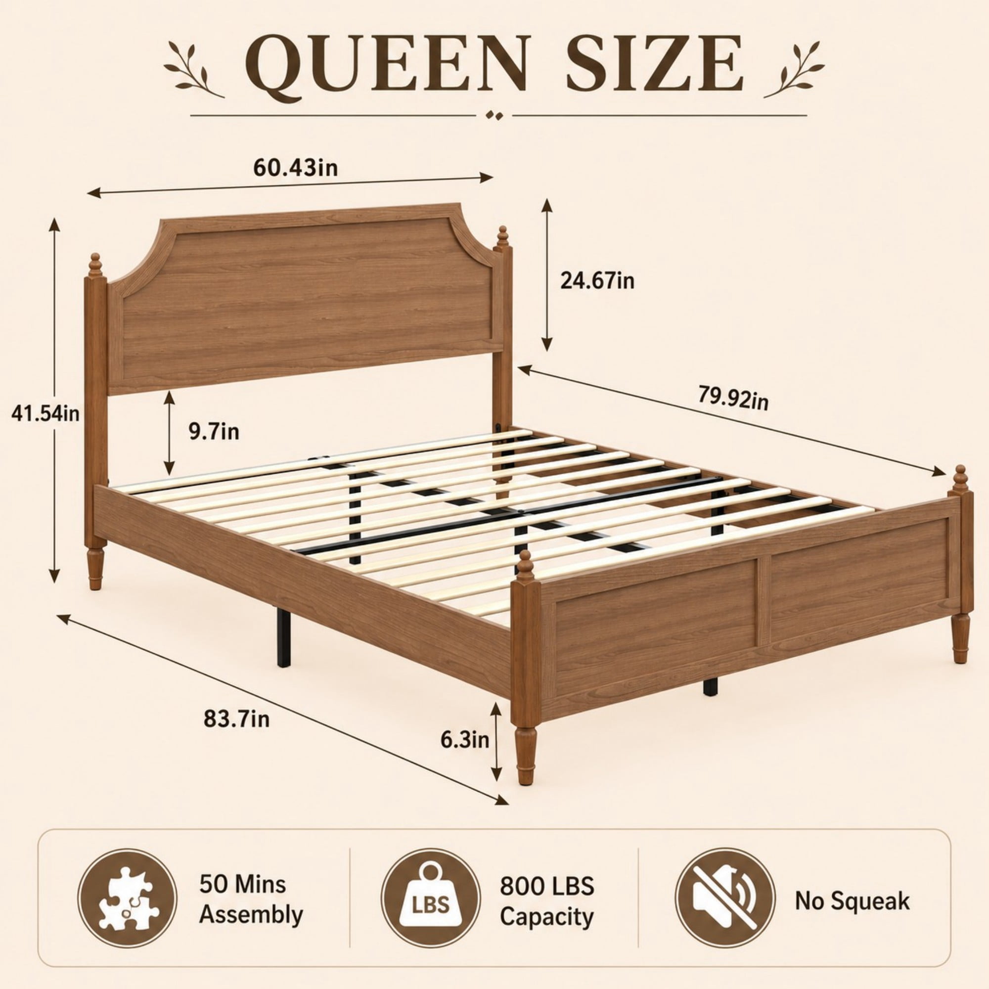 DEALTOPS Queen Size Platform Bed Frame with Headboard & Footboard, Wood Farmhouse Bed, No Box Spring, Brown