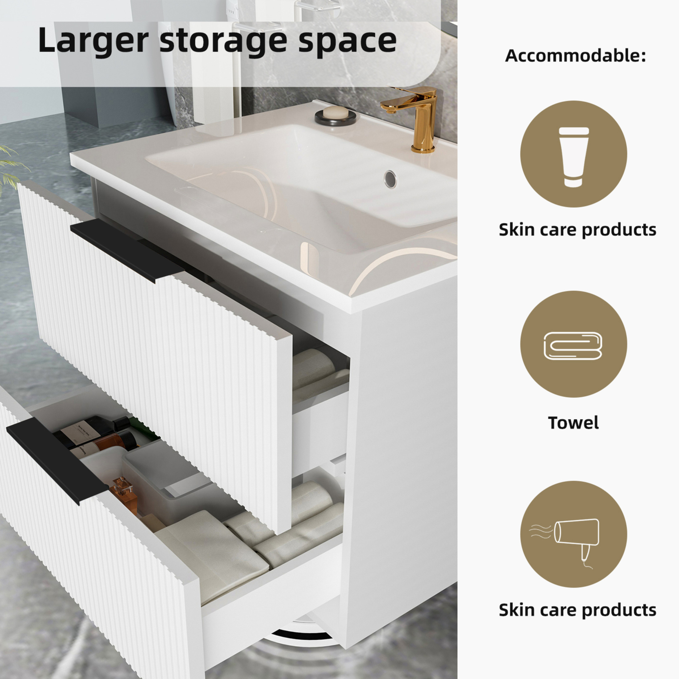 Noble House 24" Wall Mounted Floating Bathroom Vanity with Sink, 2 Drawers, Modern Cabinet, Matte White