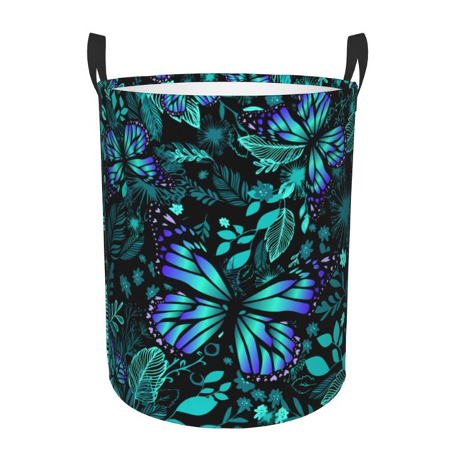 Balery Blue Floral with Butterflies Cesta de ropa redonda con asas, impermeable, independiente, para ropa, juguetes, dormitorio y familia-Small