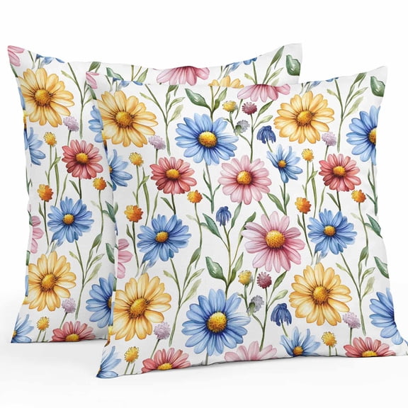 Pink Blue Outdoor Pillow Covers Pack of 2 Yellow Daisy Flowers Watercolor Plants Pastoral Waterproof Throw Pillow Covers Decorative Cushion Cases for Patio Garden Tent Balcony Couch 18x18 inch