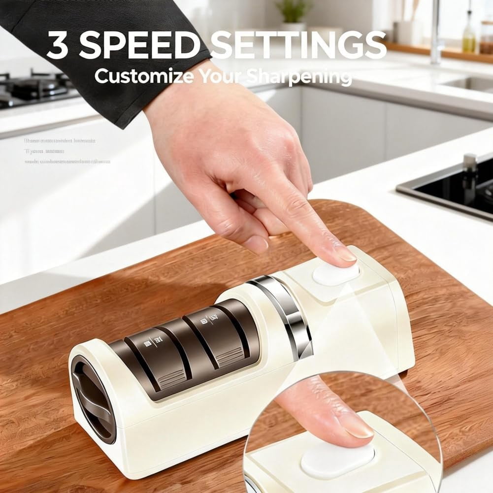 Automatic Kitchen Knife Sharpener, Professional 3-Stage Sharpening with Diamond Abrasive Wheels, Cordless Rechargeable Portable, for Most Household Knives