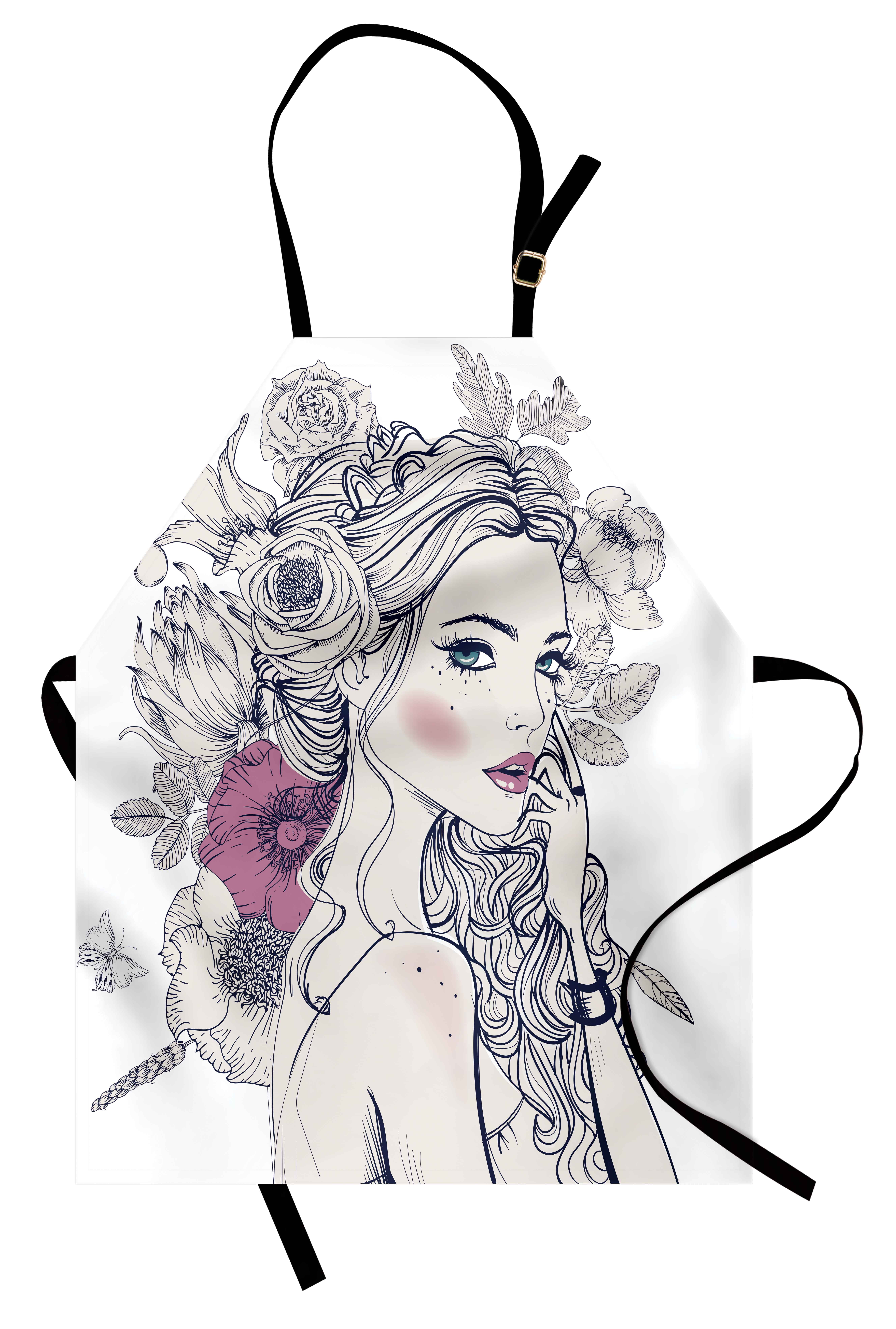Floral Apron Portrait of a Beautiful Woman with Flowers on Her Hair and Butterflies Pattern, Unisex Kitchen Bib Apron... by 3decor llc