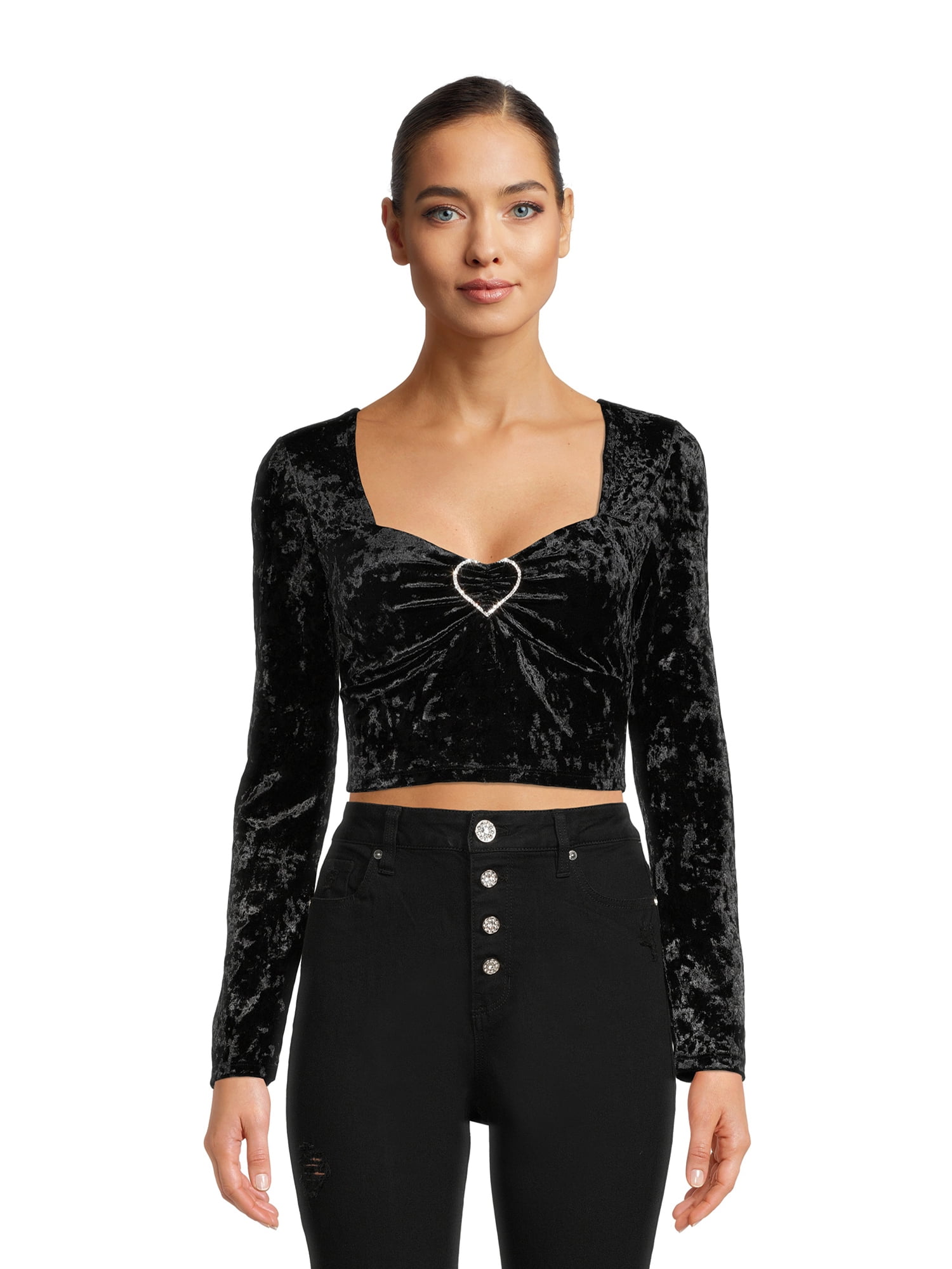 Madden NYC Junior's Velour Top with Rhinestone Heart