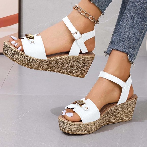 abtuhar Wedge Sandals,Sandals for Women,Women's Summer Sandals Wedge Ankle Strap Fish Mouth Open Toe Sandals White 9