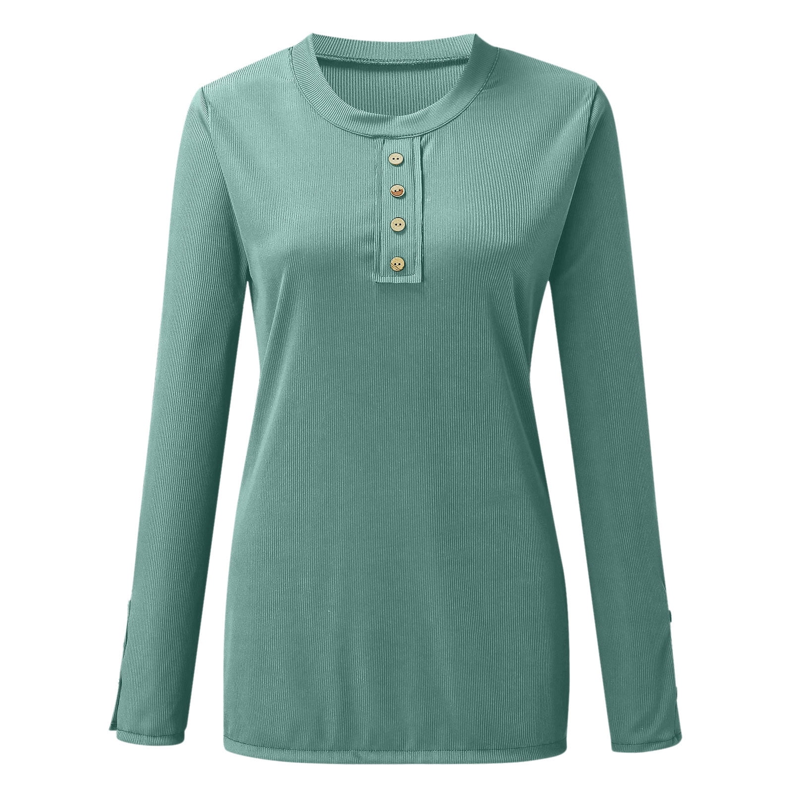 Green Women's Long Sleeve T-shirt, Women Long Sleeve Henley T Shirts Button Down Slim Fit Tops Scoop Neck Ribbed Knit Shirts,Women's Long sleeve T-shirt XXL