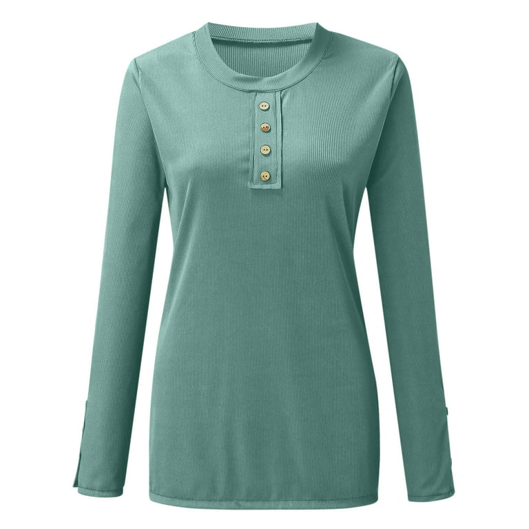 Top-Management-Position Women Long Knit Long Tops Slim Button V Sleeve Long Shirts Neck Fit Scoop Down Henley T T Girl Ladies Shirts plus Womens Sleeve Shirt Shirt Camping Ribbed Silk Neck Shirts Sleeve