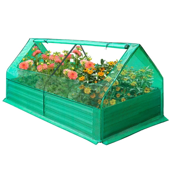 3-In-1 Galvanized Raised Garden Bed with Cover Metal Planter Box Kit, 6x3x1 FT, 2 Zippers Windows, Double-Sided Galvanized Metal, Open-Ended Base, Greenhouse for Oregano, Yard Gardens
