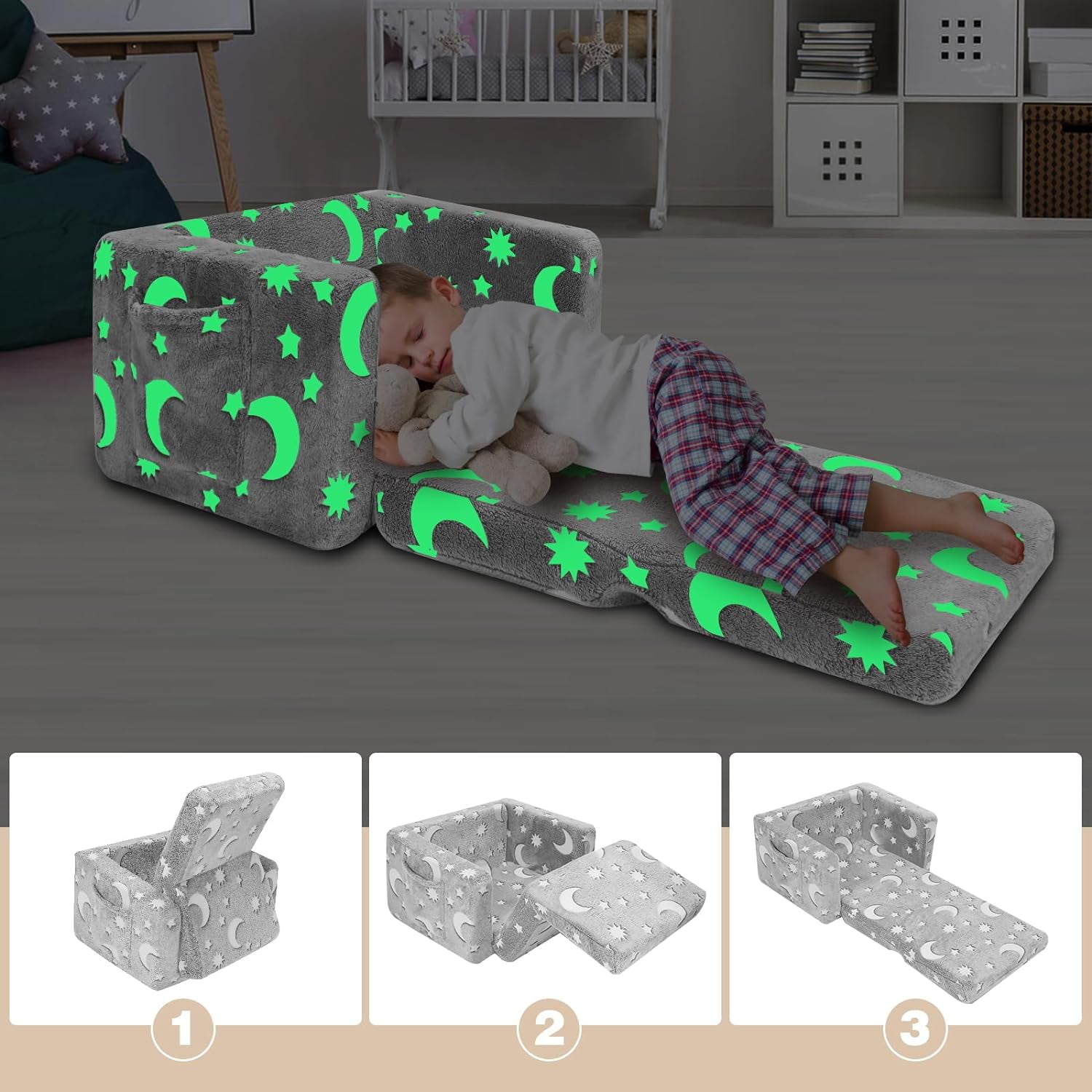 Toddler Couch, Toddler Chair Folding, Kids Couch 2 in 1 Kids Sofa Glow in The Dark Couch, Gifts Sleeper for Girls Boys - Gray Sky