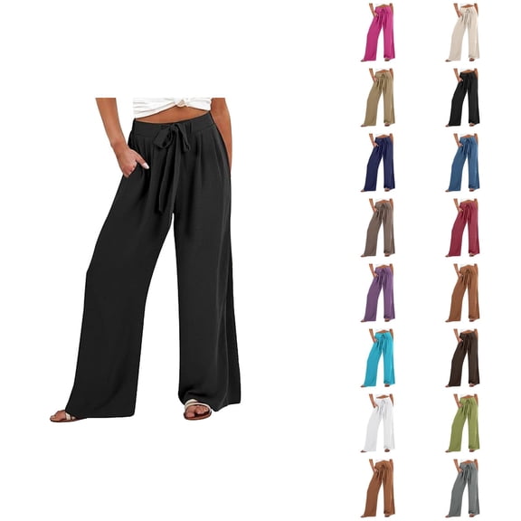 Casual Linen Pants Women 2025 Wide Leg High Waisted Tie Knot Flowy Loose Pants with Pockets Trousers