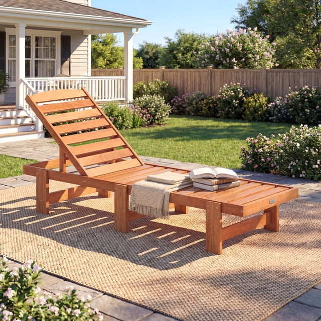 Costway Chaise Longue de Patio 1 Pce, Fauteuil Inclinable d'Extérieur en Bois Massif avec Dossier Réglable