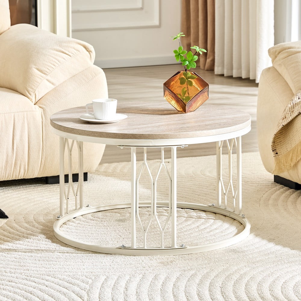 Round Coffee Table, 27.5" Coffee Table with Stone-Effect Travertine Top, Metal Frame, Modern Living Room Table, White