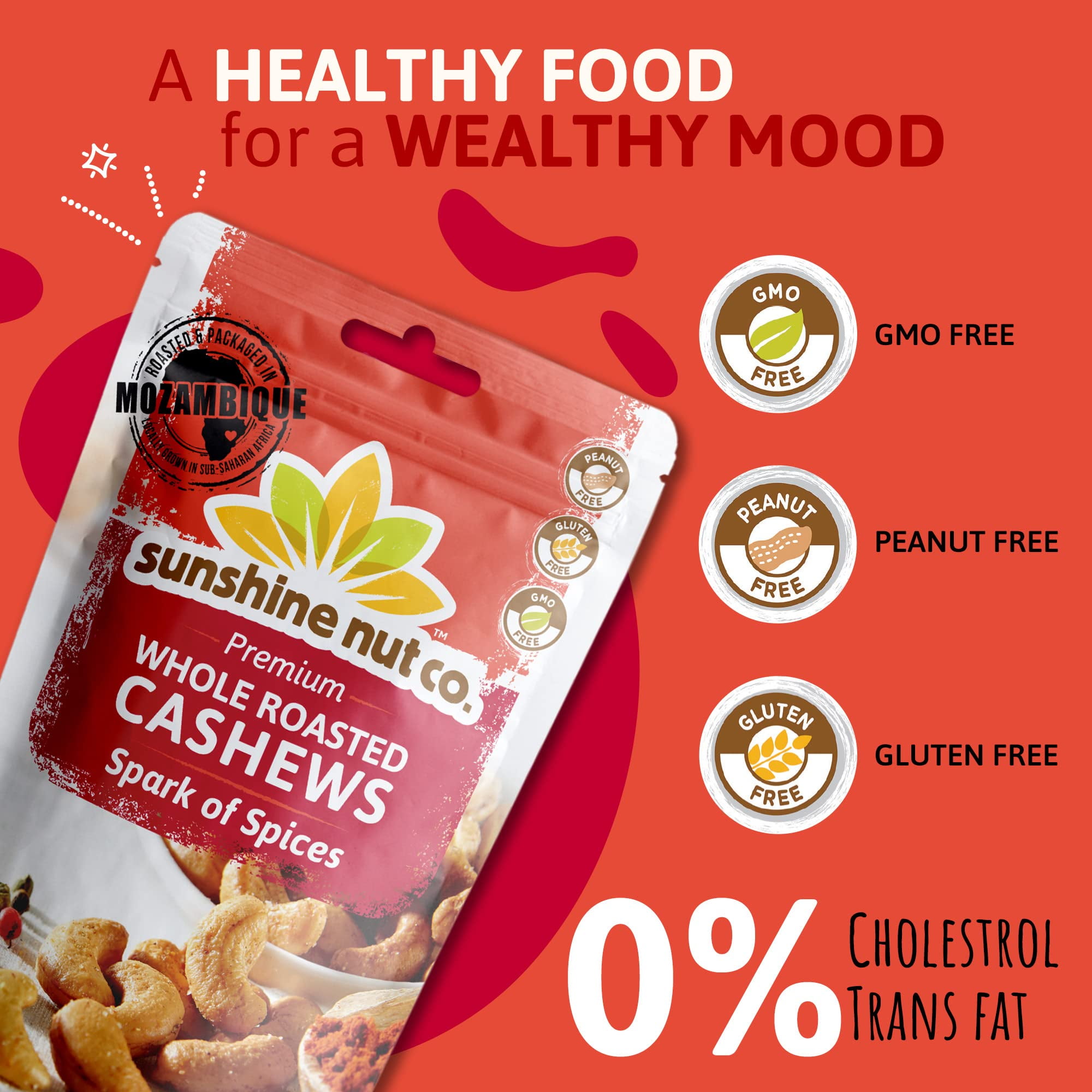 Whole Roasted Lightly Salted Cashews by Sunshine Nut Co., Gluten Free, Peanut Free and Vegan Individual Snack Packs for Kids and Adults, Spark of Spices Flavor, GMO Free, 6 Pack, 7 oz. Each