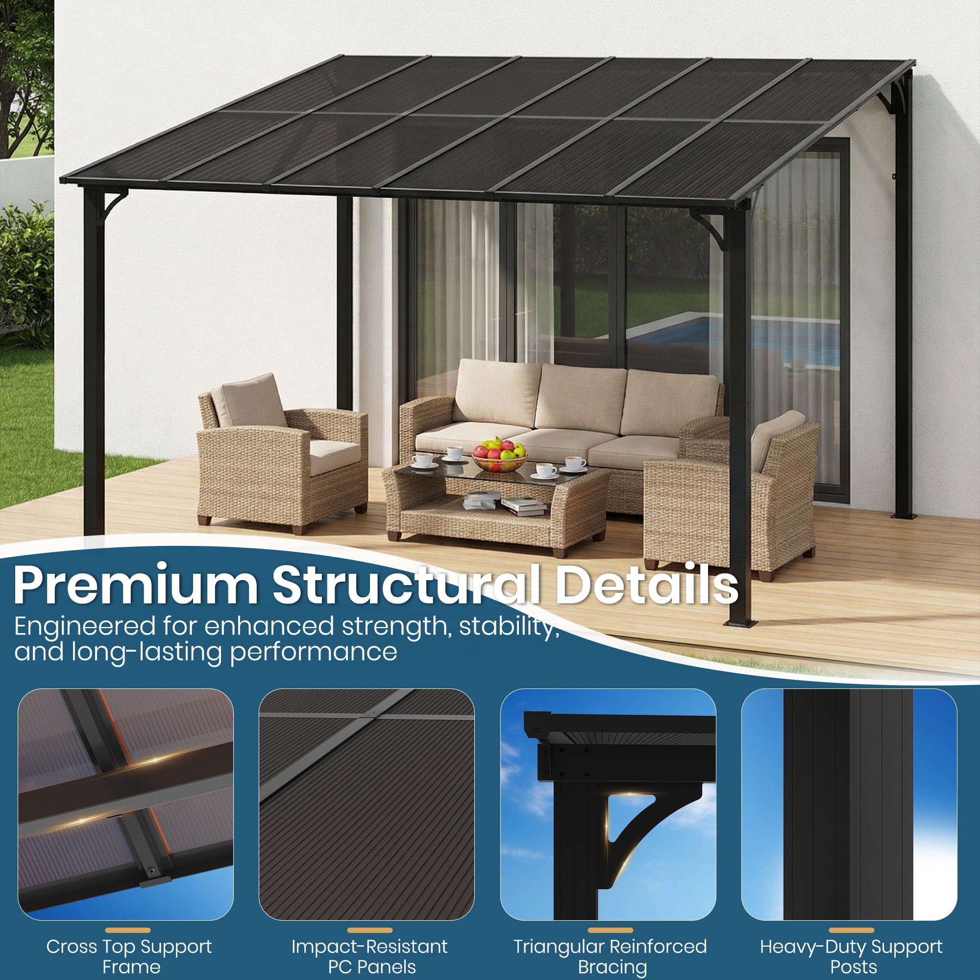 10’ x 12’ Wall-Mounted Gazebo with Polycarbonate Roof Panels, Lean-to Pergola Patio Cover with Aluminum Frame, Outdoor Awning for Backyard, Porch & Deck