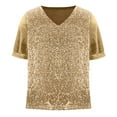 thumbnail image 3 of mfyjkho Tops De Moda Para Mujer, Camiseta De Manga Corta Con Cuello En V Y Parches De Terciopelo Con Lentejuelas De Color Liso Para Mujer Tops De Gimnasio Para Mujer L, 3 of 5