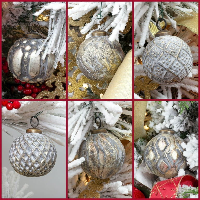 AuldHome Farmhouse Ball Ornaments (Set of 6, White); Distressed Metal Glass  Ball Vintage Style Christmas Decorations 