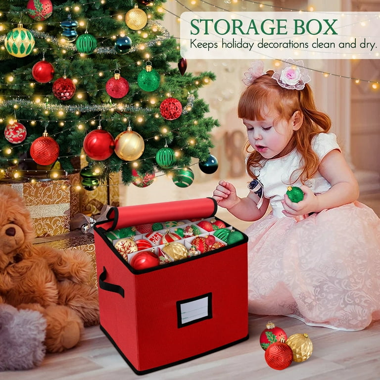 Ayieyill Premium Red Christmas Ornament Storage Chest, Ornament Storage Box  Ornament Organizer Holds 64 Balls w/ Dividers , (L) 12''x (W) 12''x (H)  12'' 