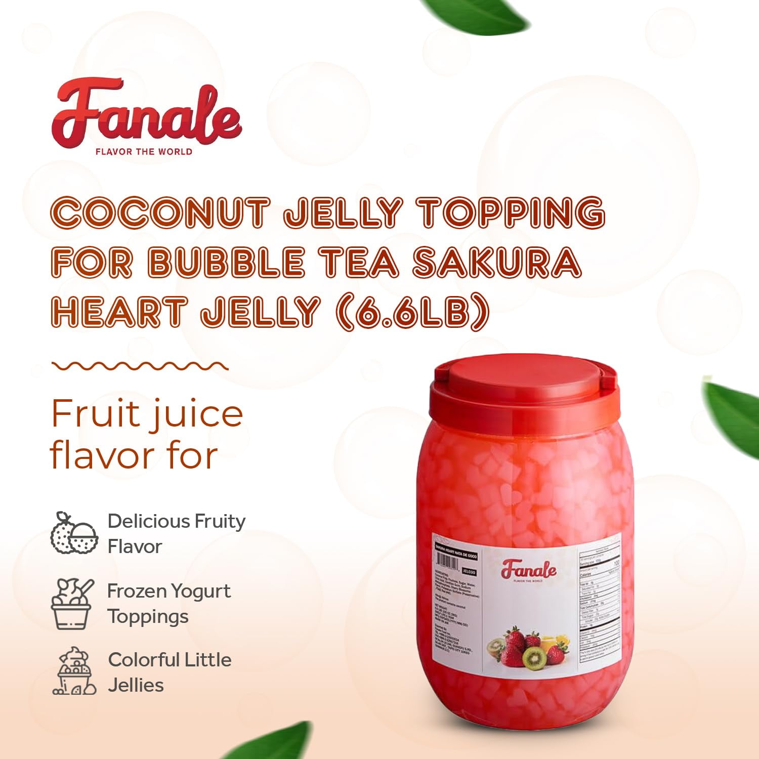 Fanale Coconut Jelly Topping nata de coco for Boba Tea | Ice Cream | Yogurt | Smoothie | Milk Tea | Desserts (Sakura Heart Shaped, 6.6 lb) | JEL030, pack of 4