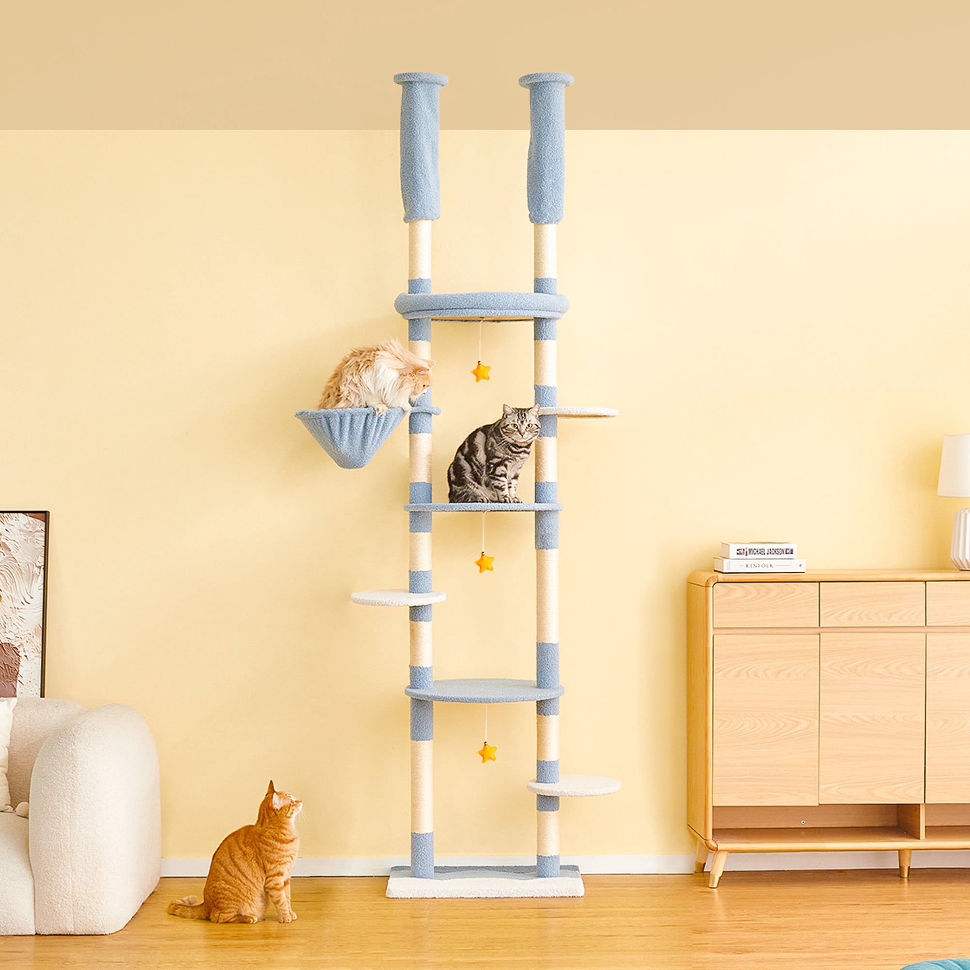Furcato 92.1"-101.6" Adjustable Height Cat Tree, Floor to Ceiling Cat Tower, 7 Tiers Cat Climbing Tree with Hammock, Blue
