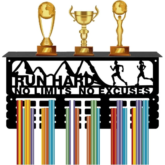 Running Medal Holder Trophy Shelf Medal Hanger Display with Shelf Stand Sports 4 Rows Wall Mount Hold 70  Medals for Men Gymnastics Soccer Running Swimming Awards Rack 15.7 x 7.9 Inch