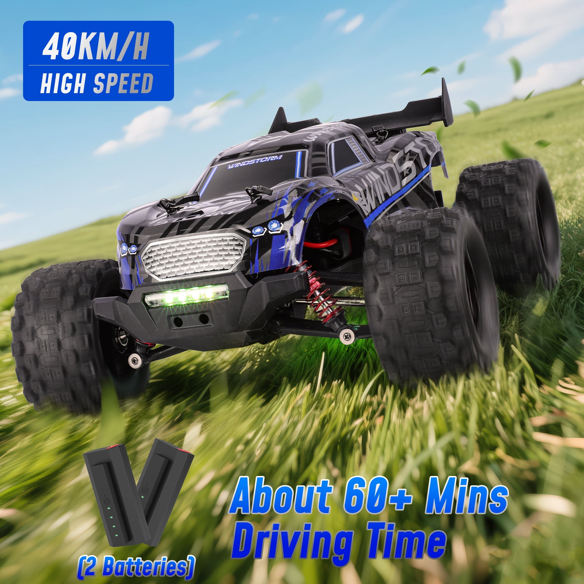Tcovle 1:14 RC Cars, 40+ KM/H Fast RC Monster Truck Remote Control Car with Metal Drivetrain, 4WD All-Terrain, 2 Batteries, RC Toy Car Gift for Kids, Teens & Adults