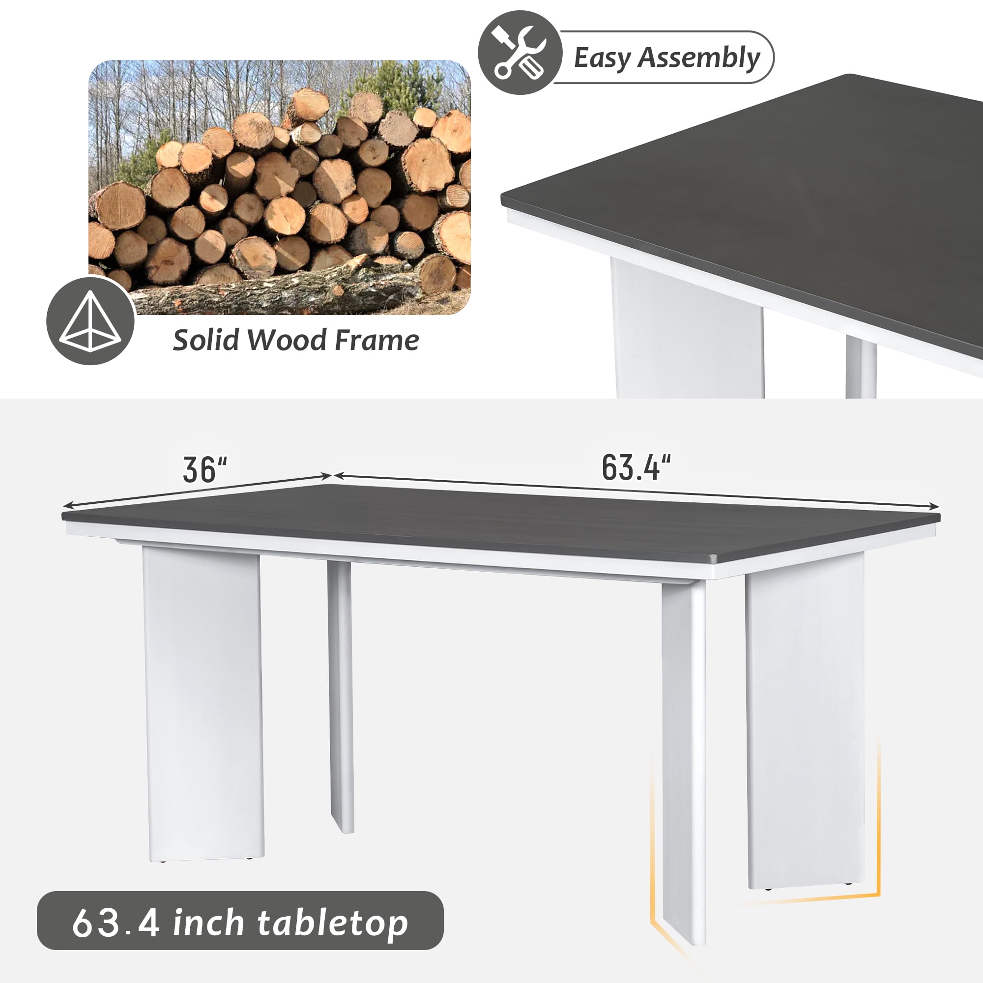 Euroco 7-Piece Farmhouse Dining Table Set for 6, 63.4" Wood Kitchen Table Set with 6 Upholstered Chairs for Dining Room Apartment,Dark Gray