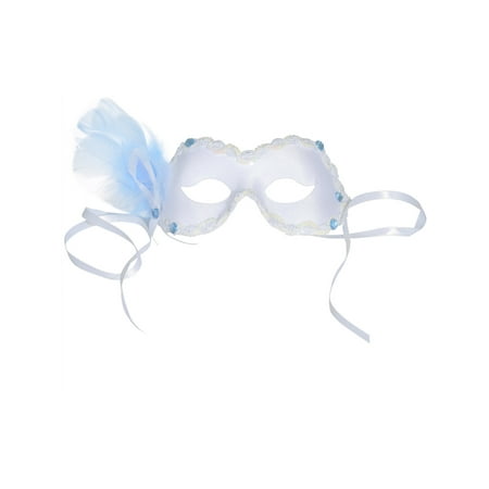 Feather In Italian White Masquerade Mask Blue Feather Sequins Italian Venetian Masks Mardi Gras Sizes: One Size ()