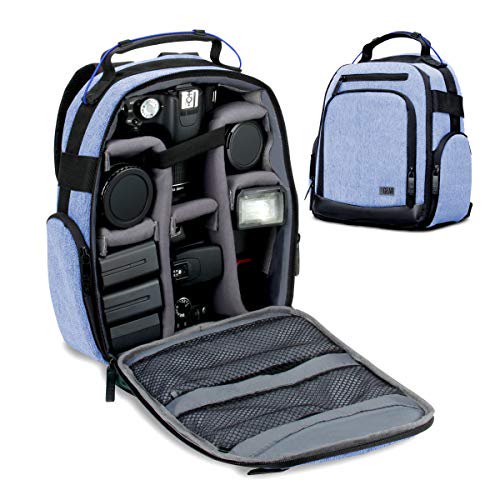 USA GEAR Portable Camera Backpack for DSLR (Blue) with Customizable Accessory Dividers, Weather Resistant Bottom and Comfortable Back Support - Compatible with Canon, Nikon and More
