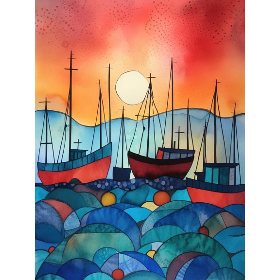 Fishing Boats At Sunset Modern Folk Art Watercolour Painting Large Wall Art Poster Print Thick Paper 18X24 Inch