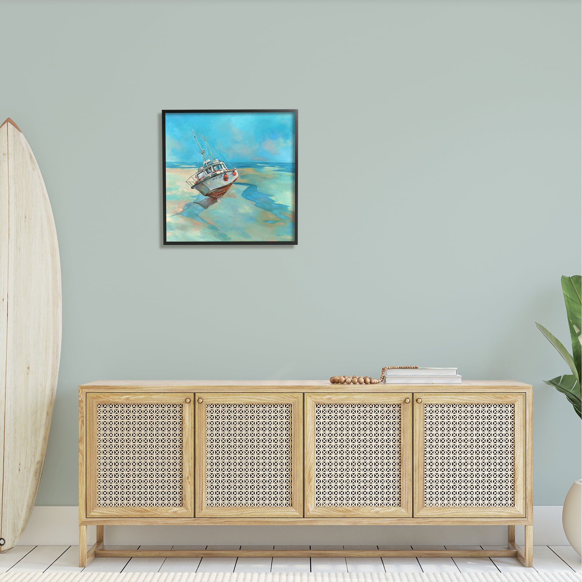 Stupell Low Tide Boat Beach Shore Landscape Painting Black Framed Art Print Wall Art