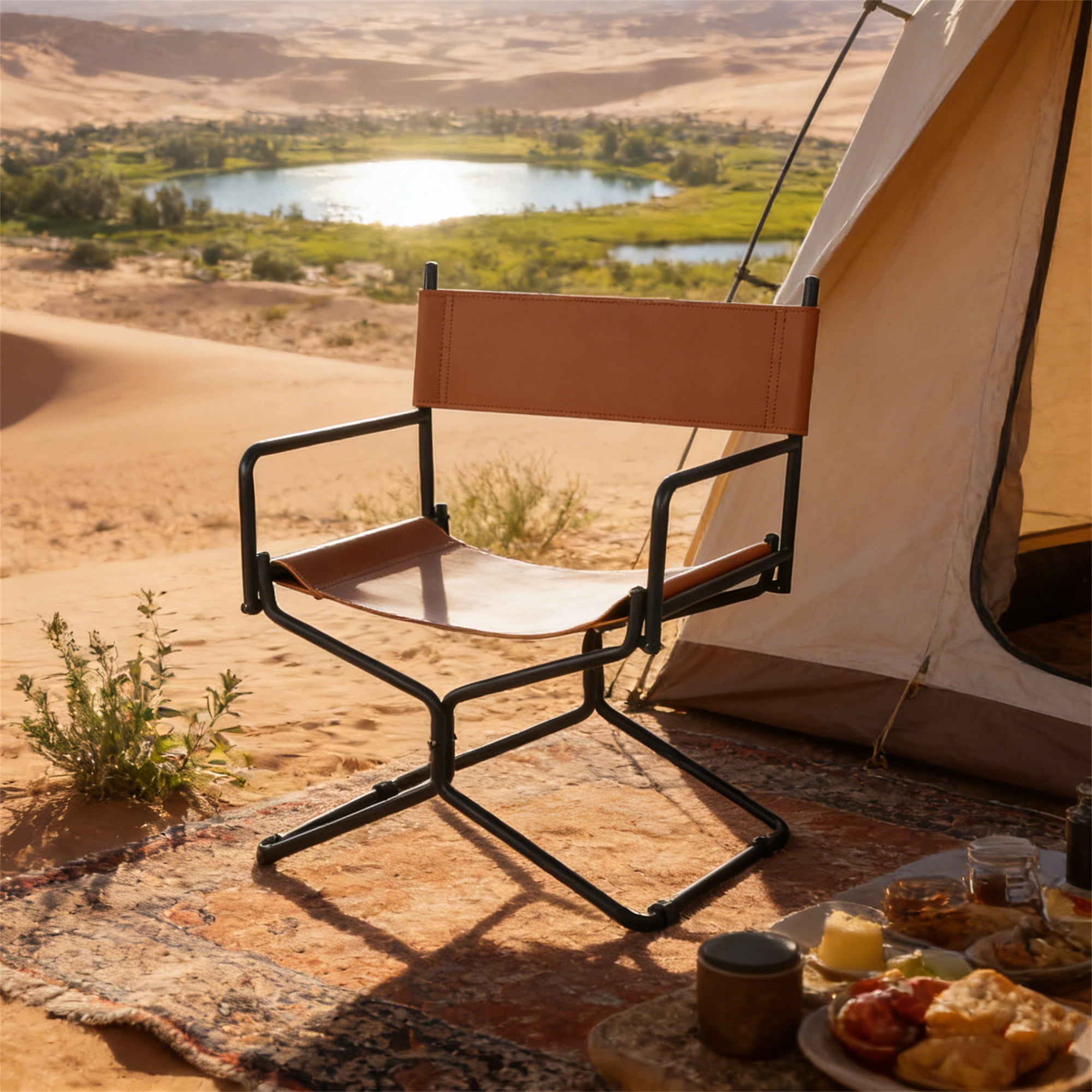 Aukfa Leather Folding Director Chair, Portable Outdoor Chair for Patio Camping, Matte Brown