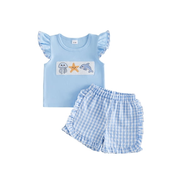 Cenuakty Little Girls 6M 12M 18M 24M 2T 3T 4T Outfits Adorable Marine Life Embroidery Flying Sleeve Round Neck Tops and Plaid Shorts Set