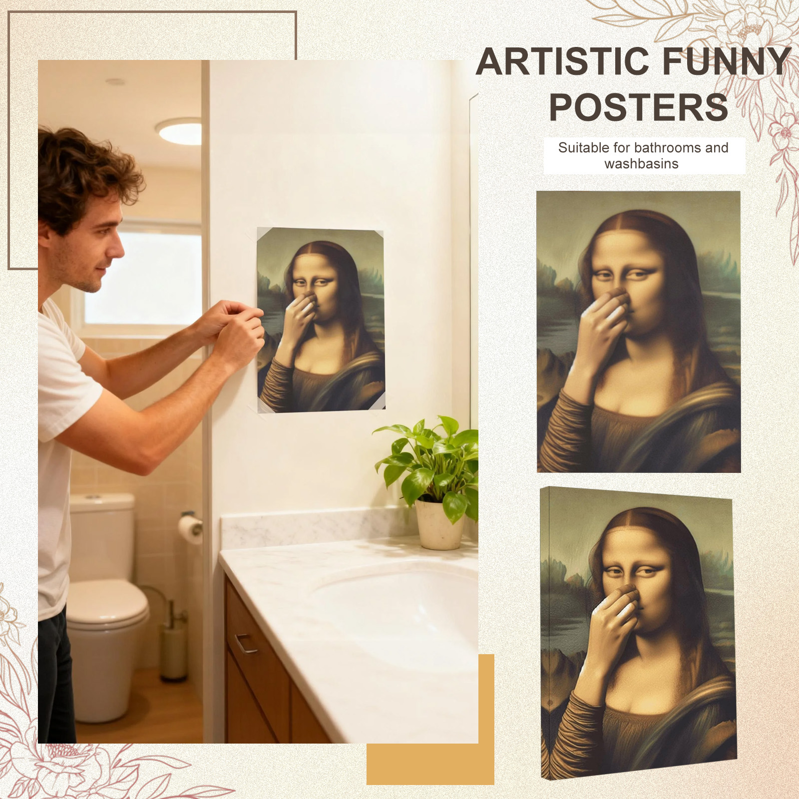 Mona Lisa Funny Bathroom Framed Wall Art – Modern Canvas Print Poster, 30x42cm – Made In UK