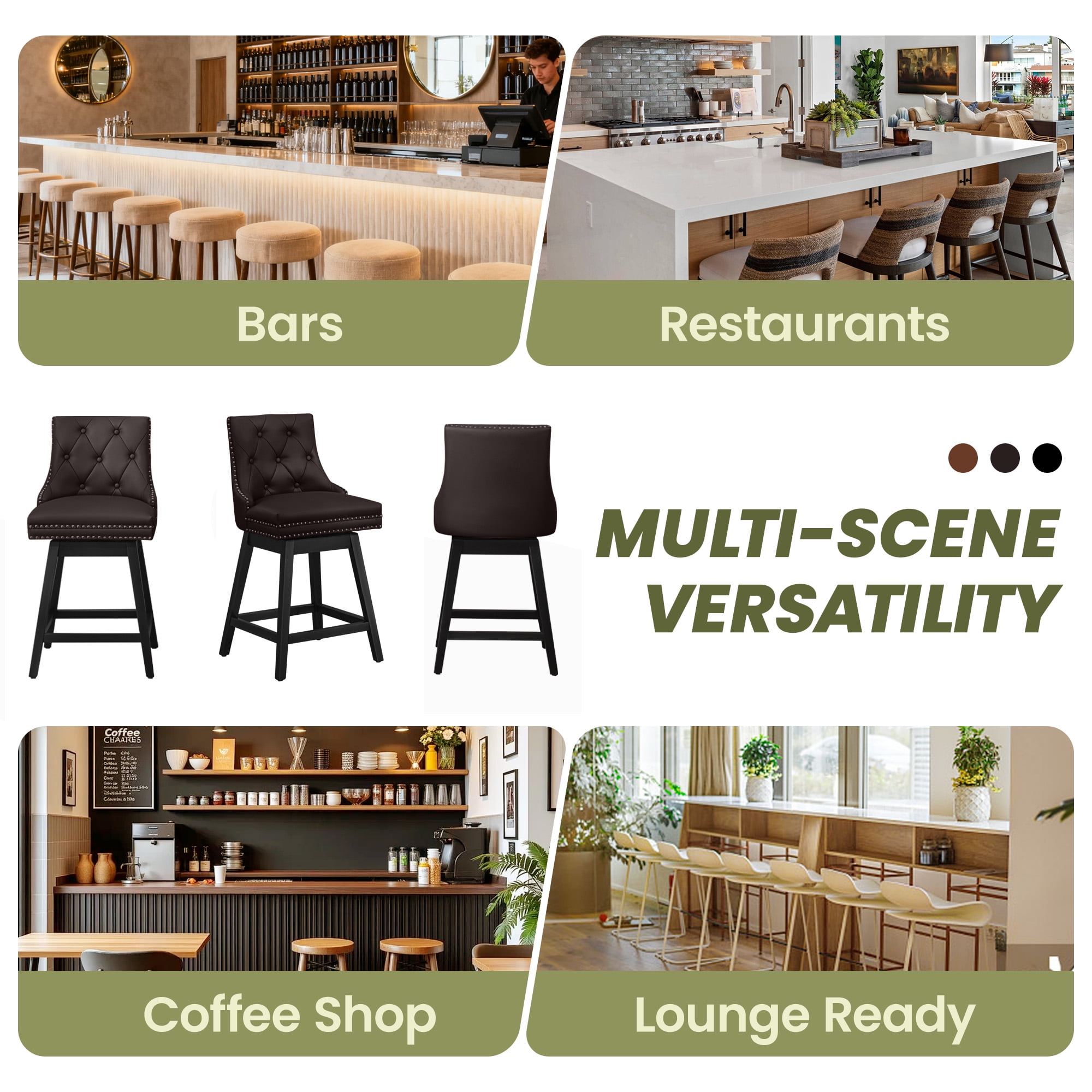 COOLHUT 26" Swivel Counter Height Bar Stools Set of 2 with Backs, Upholstered Bar Stools, Faux Leather Bar Chairs with Footrest for Kitchen Island, Red Brown