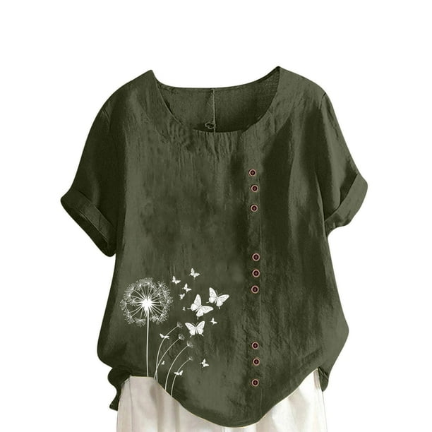 Vestidos Casuales Para Mujer, Blusas De Mujer De Moda Blusa informal de lino con cuello redondo, manga corta y botones para mujer