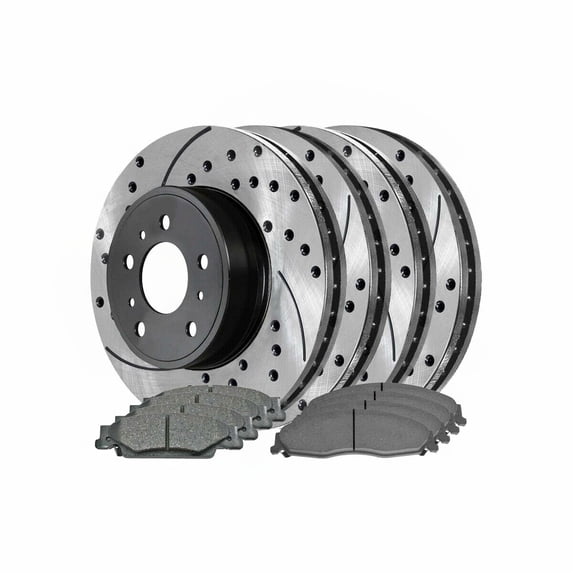 For Cadillac Front & Rear Drilled Slotted Brake Rotors Black & Ceramic Pads Kit