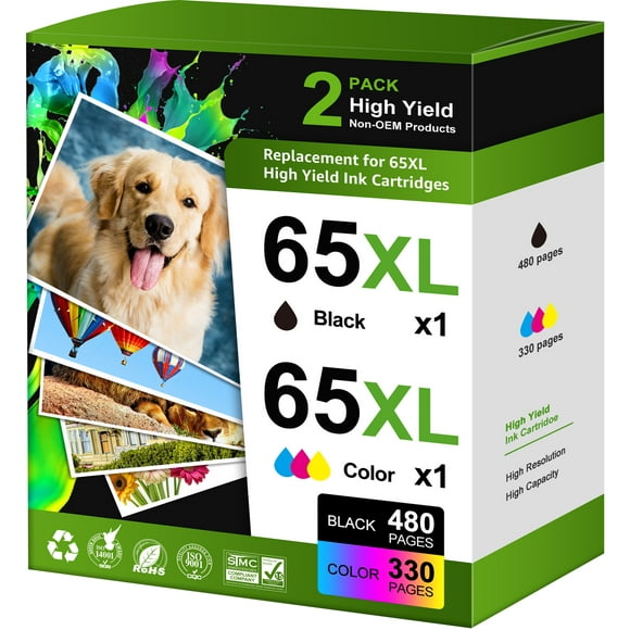 65XL 65 Ink Cartridges Compatible for HP Printer Ink 65 Black and Color to Use with Deskjet 2622 2624 2652 2655 3720 3721 3722 3723 3732 3758 Envy 5052 5058 (2 Pack)