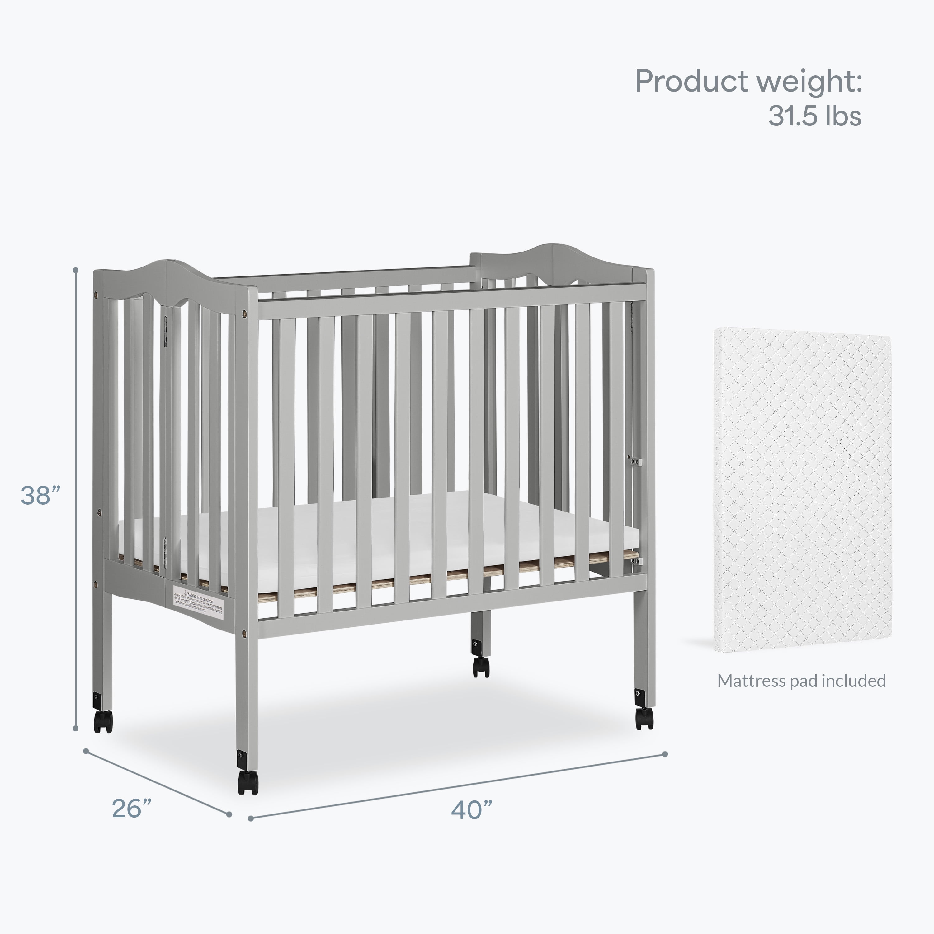 Dream On Me 2-in-1 Lightweight Folding Portable Crib, Pebble Grey
