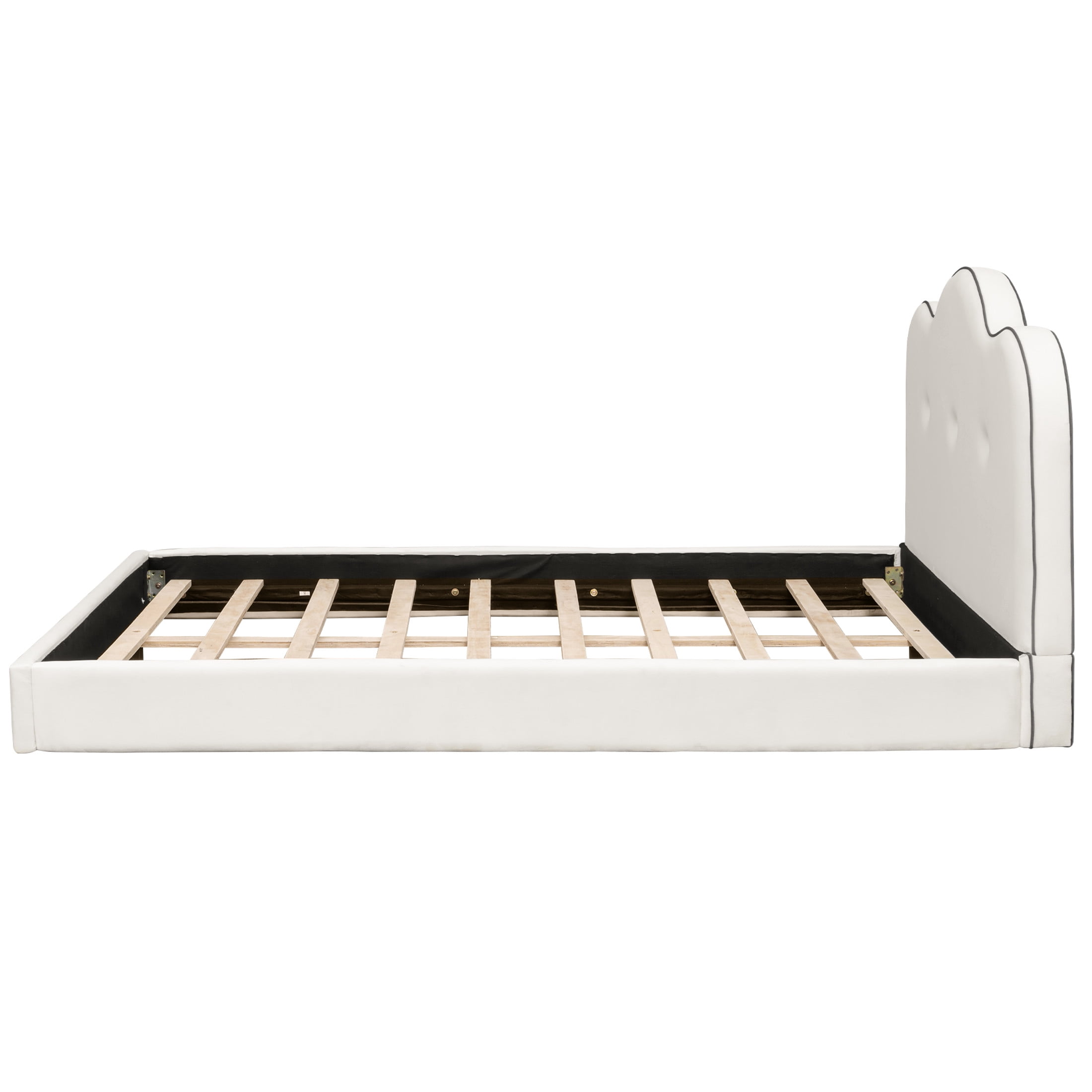 Noble House Zahra Queen Size Velvet Upholstered Platform Bed, Pine Wood Bed Frame with Foam Headboard, Beige